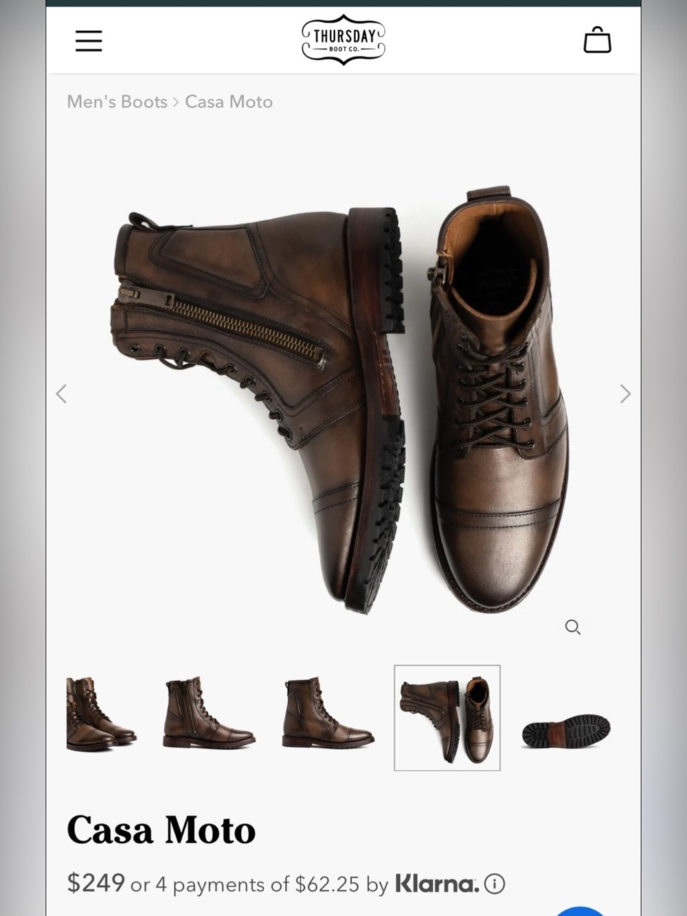 Thursday Boot Company Men's Casa Moto Brown Leather Lace-Up Zip Boots